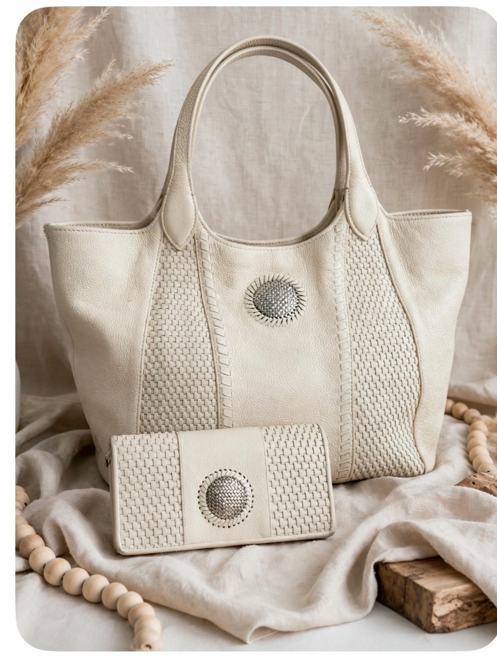 Brighton Leather Cream Woven Tote Bag with Matching Wallet